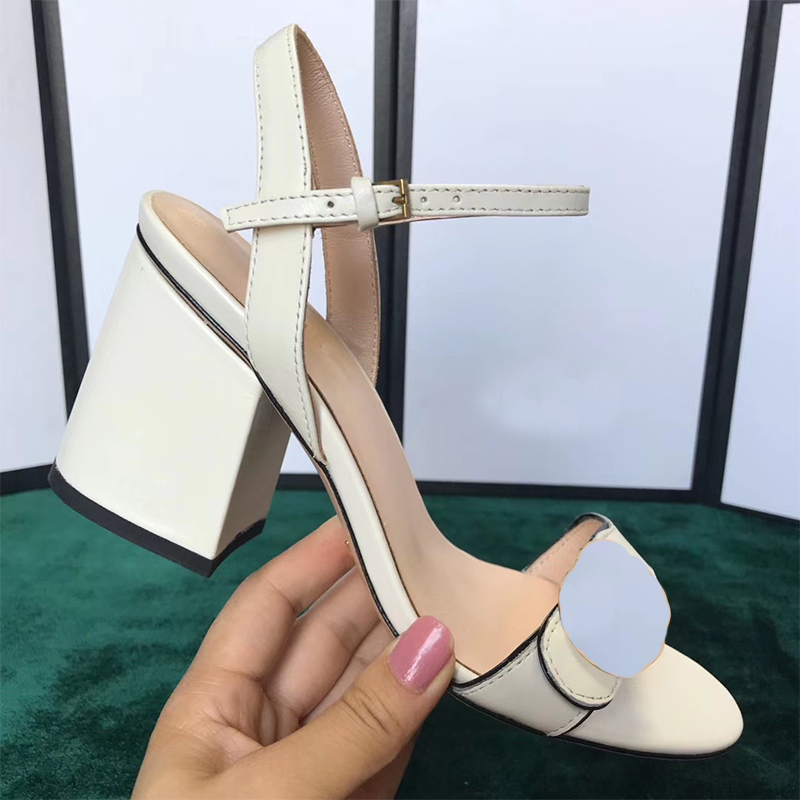 Women Fashion Metal Buckle Leather Mid Heel 7cm Sandals Summer Designer Luxury Size 35-42