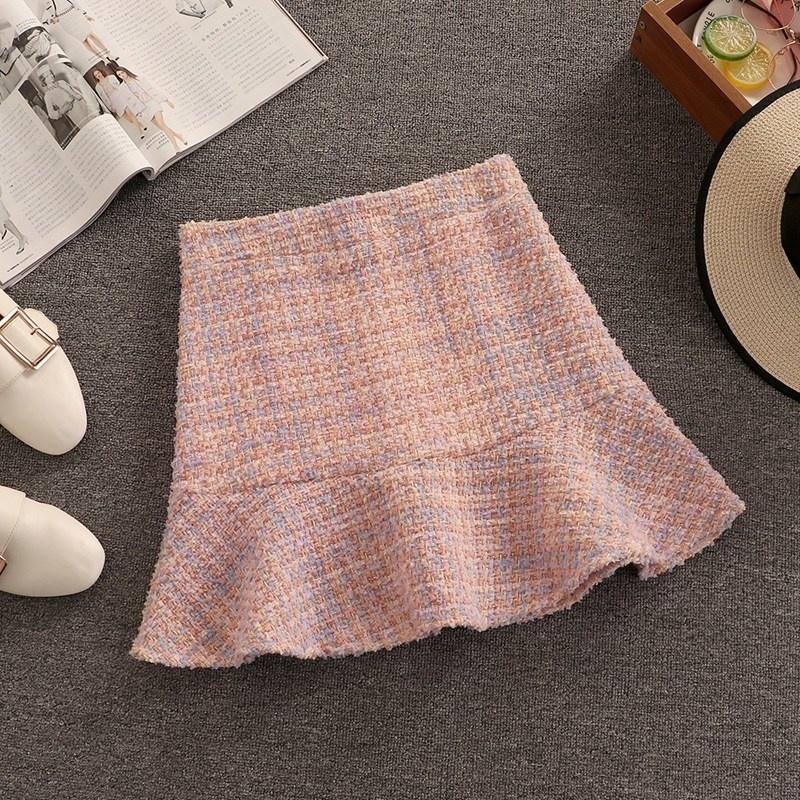 High Quality Fall Winter Plaid Tweed Skirt Two Piece Set Women Woolen Short Jacket Coat + Mermaid Skirt Suits Sweet 2 Piece Set 220514