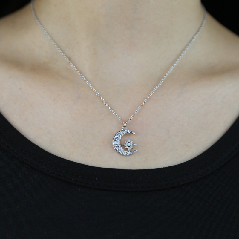 Gold Plated Tiny Small Crystal Fire Opal Moon Charm necklace Engraved Cz Moon Star Christmas Gift Classic Fashion Delicate Dainty Necklaces