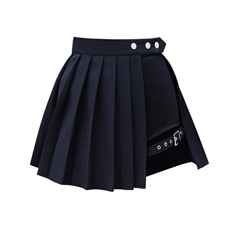 PERHAPS U Black Punk Pleated Ruched Mini Short Empire Skirt Rock And Roll S0164 220317