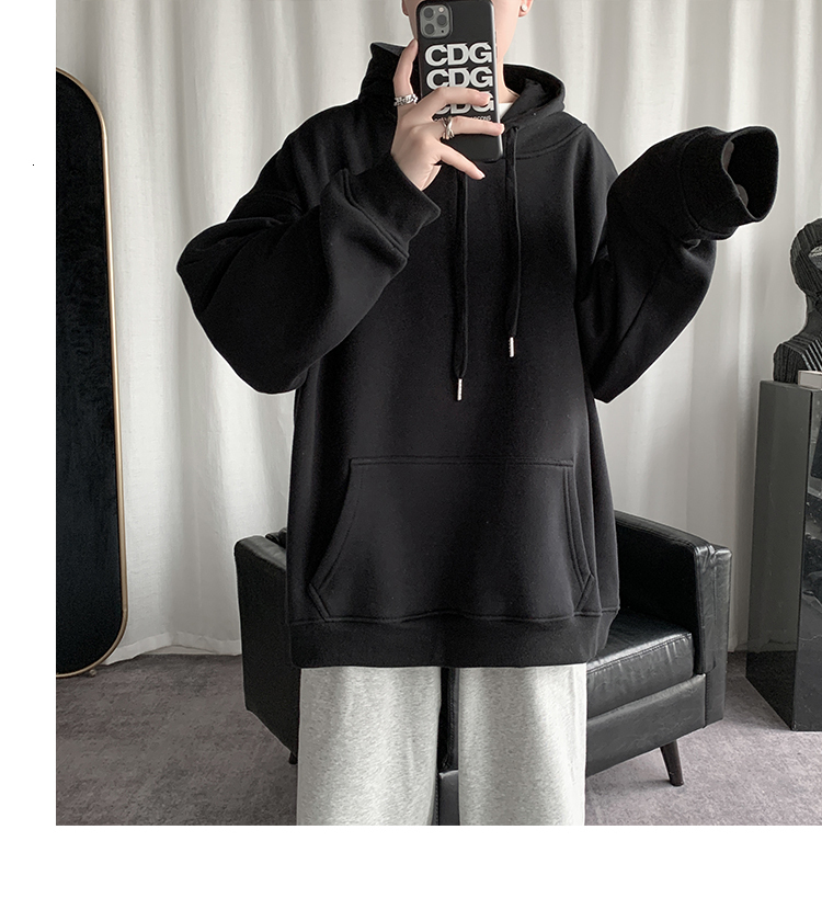 HybSkr Korean Men's Solid Color Sweatshirt Hoodies Casual Hooded Pullovers Hoodie Warm Fleece Male Loose Man Clothing 3XL 220813