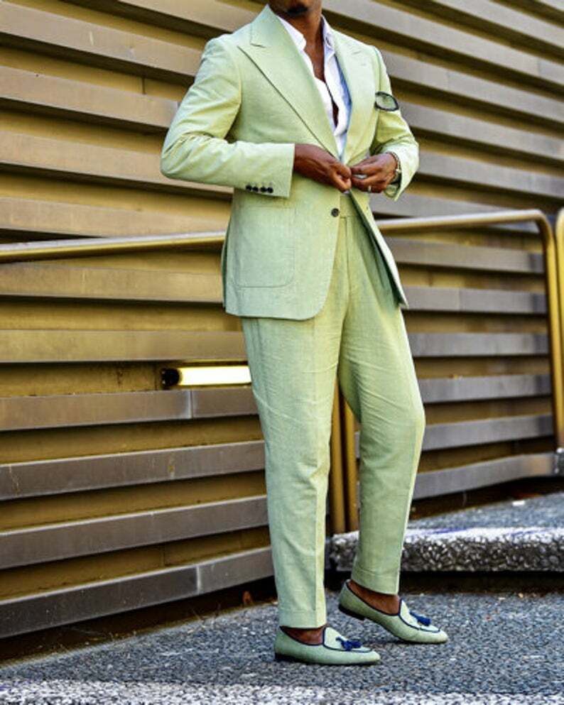 Men's Summer Linen Suits Tuxedos Single Breasted Wide Lapel For Wedding Suit Blazer Pant 2 Pieces