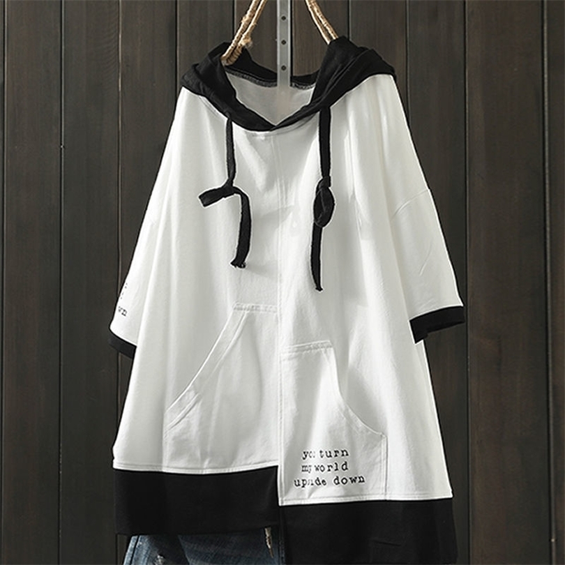 O Neck 100% Cotton Hoodie T Shirt Woman Summer Short Sleeve Shirt Woman Tshirt Loose Korean Style Plus Size Women Shirts T200614