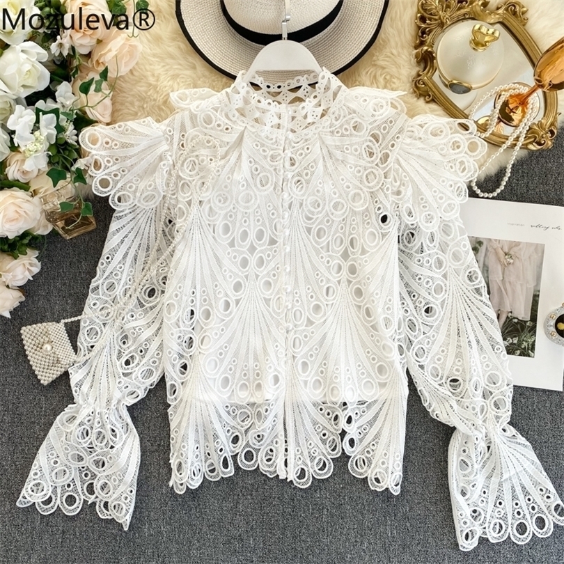 Mozuleva Spring New Sweet Ruffles Hollow Out Polka Dot Lace Shirt Women Long Flare Sleeve Button Fashion Runway Blouse Top T200321