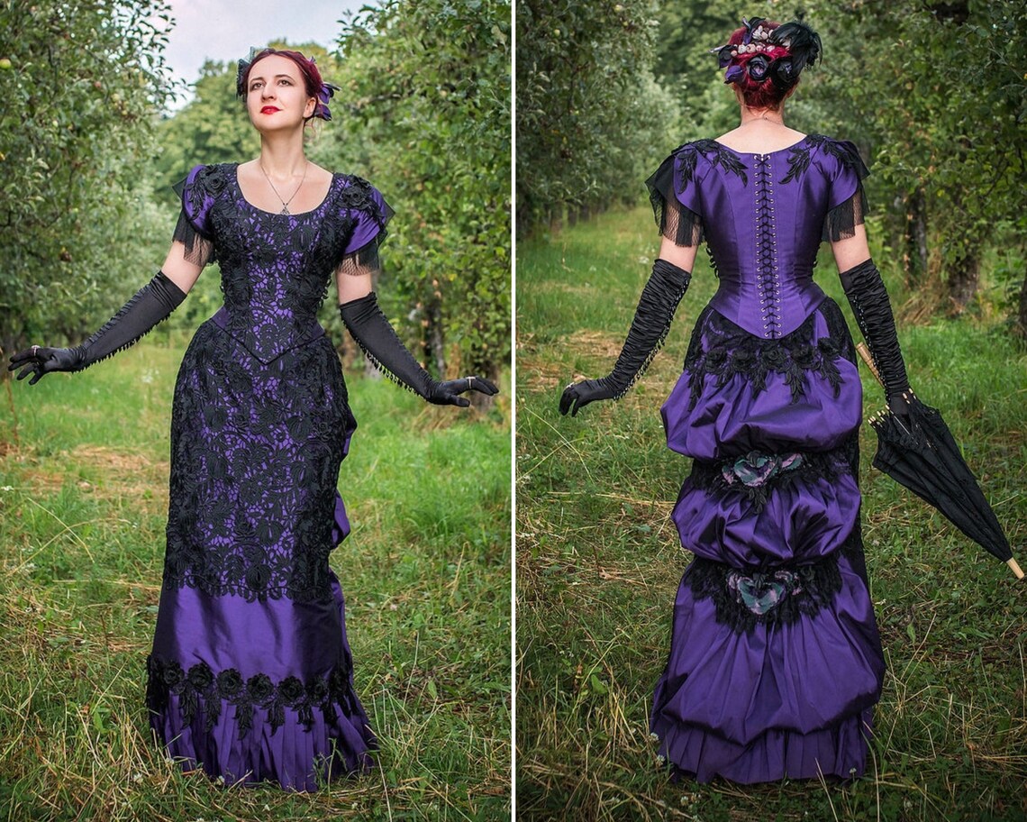 Vintage Purple And Black Victorian Evening Dresses Cap Sleeve Lace Ballroom Prom Gowns 2022 Women Historical Costume Corset Satin Special Occasion Dre