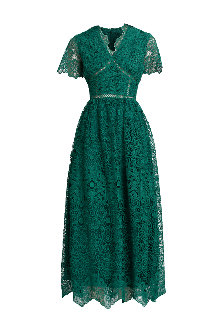Women's Runway Dresses V Neck Short Sleeves Embroidery High Street Fashion European Style Lace Dress Vestidos