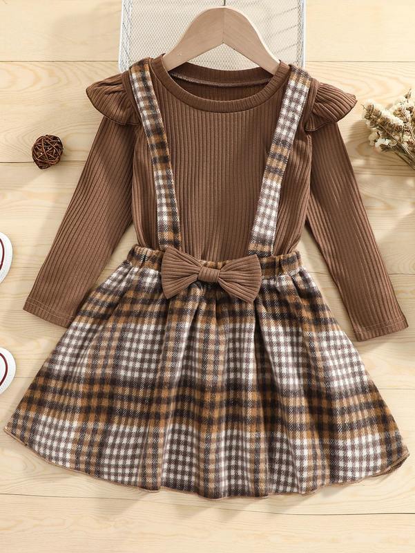 Toddler Girls Ruffle Trim Tee With Plaid Bow Front Pinafore Skirt SHE