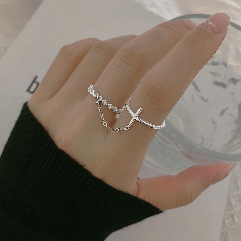 Cluster Rings Punk Hip Hop Cross Set Finger Chain Adjustable Two Link Ring Jewelry Gift Men's Women's Gothic RingsCluster