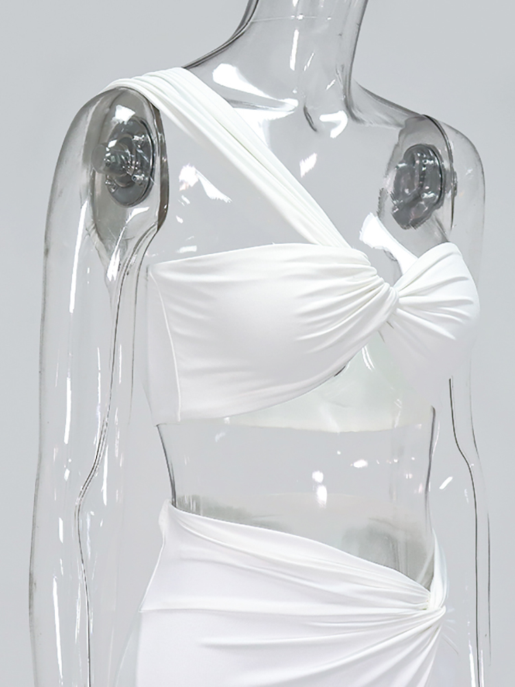 Asia Sexy Crop Top Side Split Long Skirts Two Piece Set Women Twist One Shoulder 2 Piece Sets Summer White Party Clothes 220602