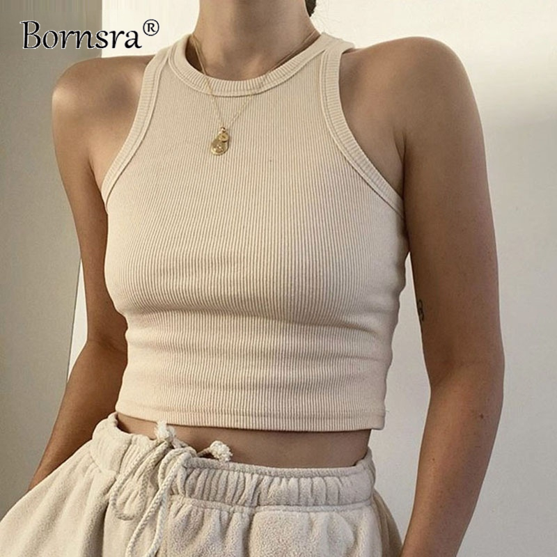 Bornsra Knitted Summer Ribber Sleevless T Shirt Tops Women Casual Khaki White Crop Club Short Skinny Tank Top Fashion 220316