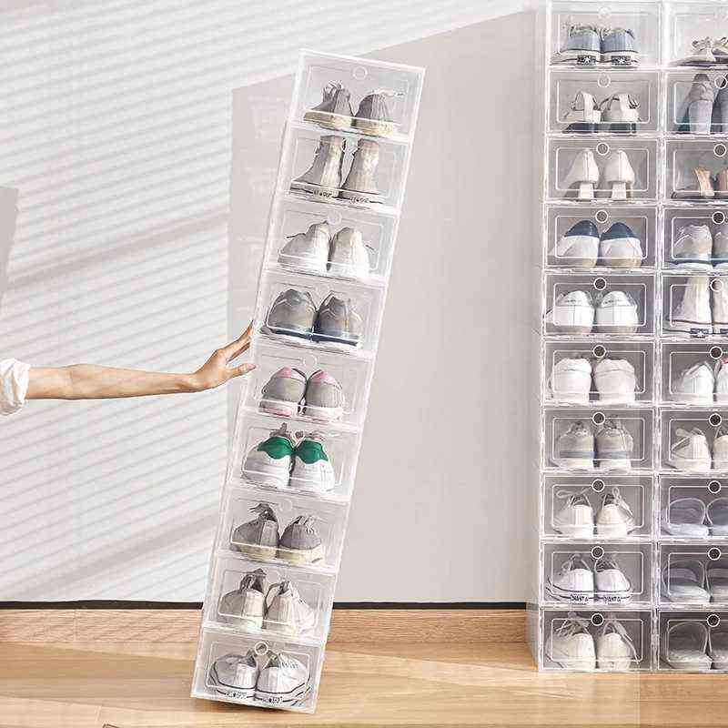 12pcs Shoe Box Set Multicolor Foldable Storage Plastic Clear Home Organizer Shoe Rack Stack Display Storage Organizer Single Box AA220326