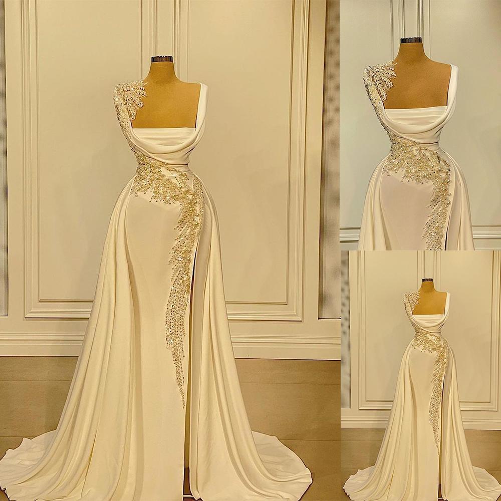 Square Neck Mermaid Evening Dresses with Overskirt 2022 Real Image Lace Beaded Sexy Slit Trumpet Prom Engagement Reception Gown