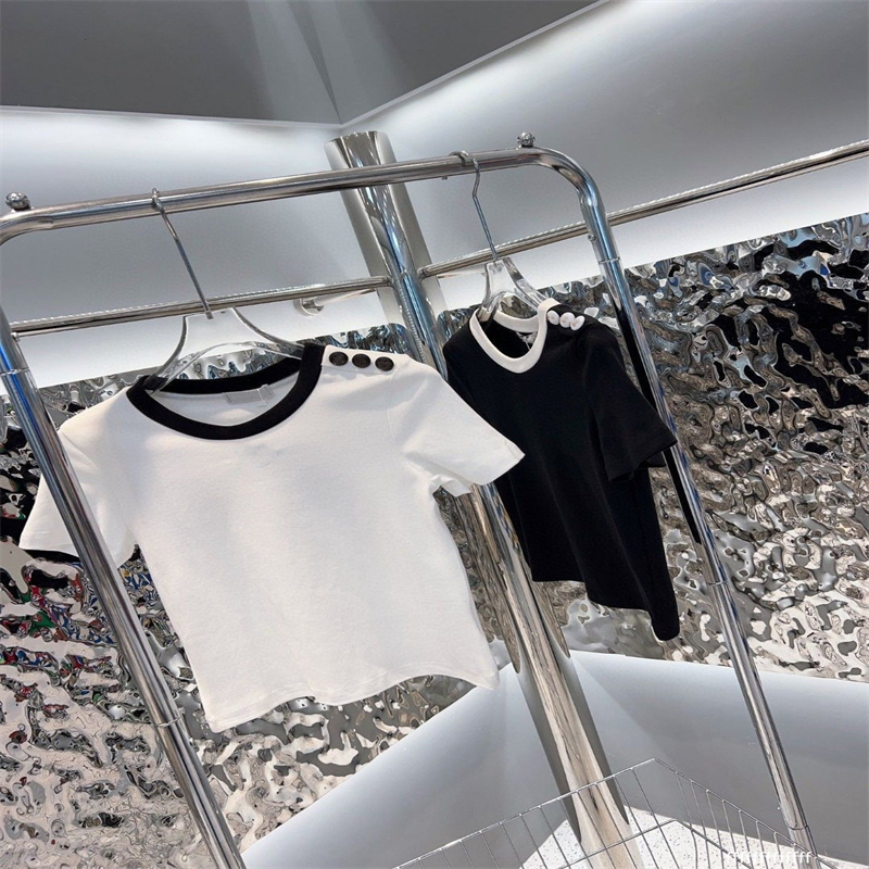 Women's T-Shirt Short Sleeve BlouseTop Casual Match Letter Slim Girl Black White Button Logo Shirts Fashion 22SS High Quality Cotton