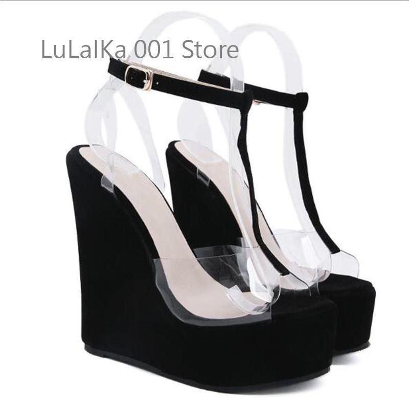 Summer Fashion Design Ankle Buckle Strap Sandals Women Platform Wedges High Heels Open Toe Pvc Transparent Jelly Shoes 220418