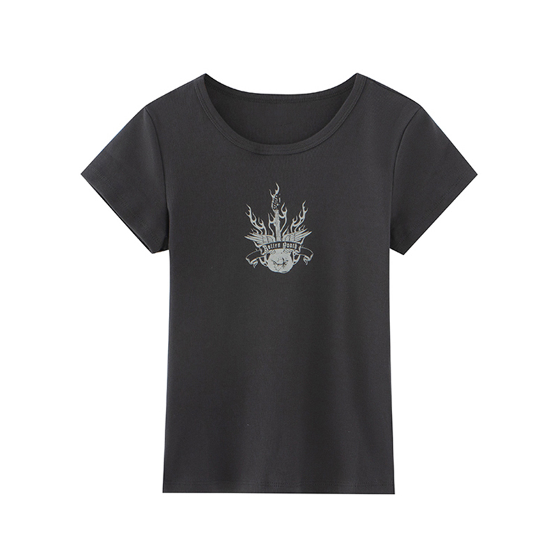 PUWD Y2K Cute Girl Black Streetwear Tops Fashion Ladies O Neck Cotton Short Sleeve top Summer Vintage Women Slim T-Shirt 220328