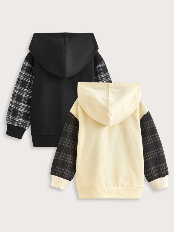 Toddler Boys 2pcs Bear And Plaid Print Drop Shoulder Hoodie SHE