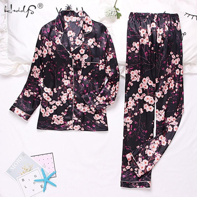 Autumn Winter Print Pattern Women Pajama Set Satin Silk Turn-down Collar Pajamas Sleepwear Long Sleeve Trousers Two Paper Suit 220329