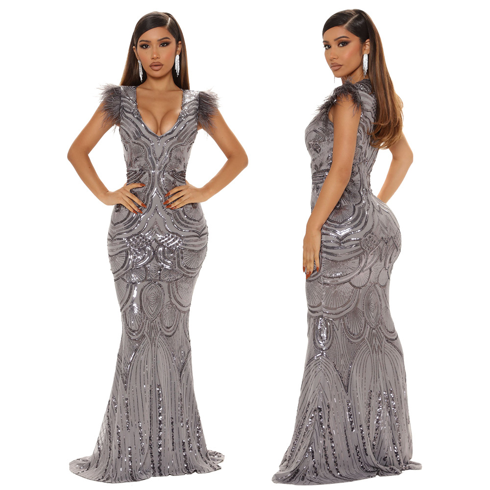 Glitter Gray Sequin Evening Dress Sexy V Neck Mermaid Prom Dresses With Feather 2022 Plus Size Bling Women Formal Vestidos Gown Arabic Special Event P