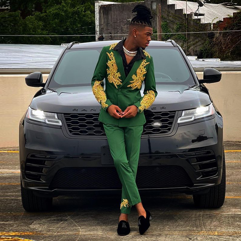 Green Slim Fit Mens Suit for Wedding Double Breasted Prom Tuxedos With Gold Appliques Junior Teen Boys Graduation Wear 0516