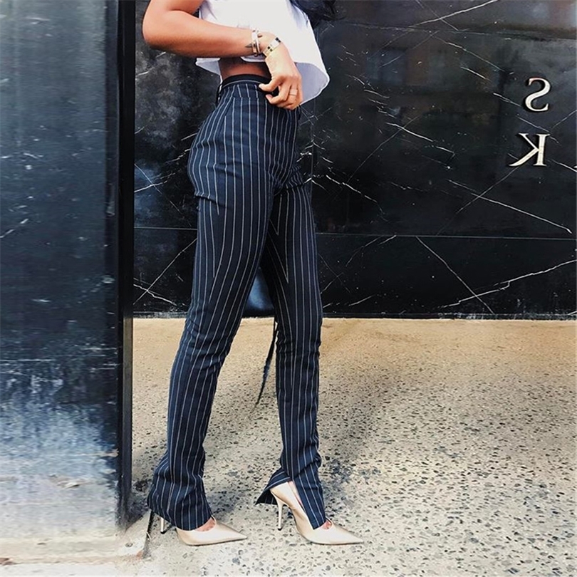 For KGFIGU Office pants 2020 High waist striped trousers women Side split OL style Skinny long Bottom Have stretchy White T200324
