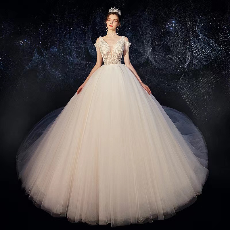 New V-Neck Wedding Dress 2022 Bride Gown One Shulder Large Trailing Mori Super Fairy Simple Starry Sky French Main Bridal Gowns