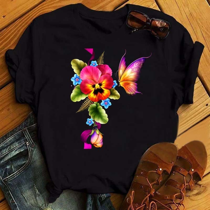 Women Flower Butterfly Fashion Print T Shirt Casual Short Sleeve Ladies T Tee Female Top Shirt Clothes Womens Graphic Tshirt 220527