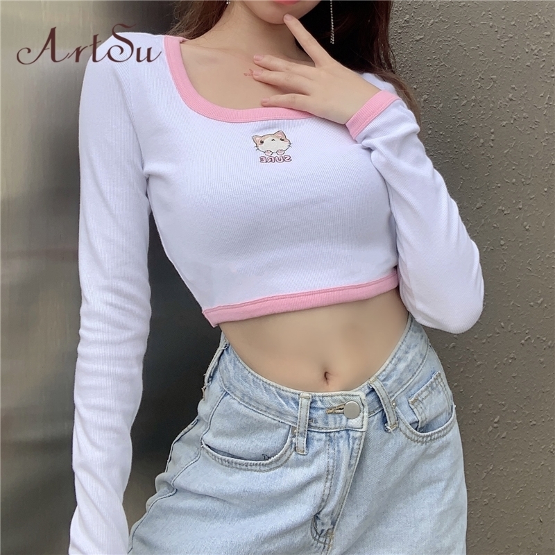 Artsu Streetwear Cartoon Embroidery Crop Top Patchwork Rib Knitted T Shirt Women Harajuku Long Sleeve Slim Basic Tee TS41677 220714