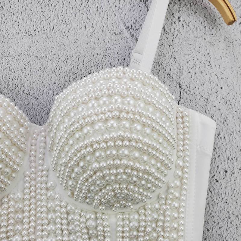 Sexy White Corset Pearl Top Bustier Y2k Crop Festival Clothing Fairy Grunge Women Summer Mesh Camisole 220325