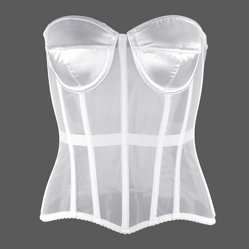 Women Sexy Satin Mesh Overbust Corset 2022 Spring New Ultra Lightweight Lingerie Casual Vintage Bustier Slim Body Belts See Through Corset Black White