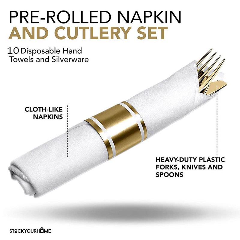 40 Pieces of PreRolled Golden Plastic Silverware Disposable Cutlery and Napkin Suitable for 10 People Dinner Party Wedding6582708