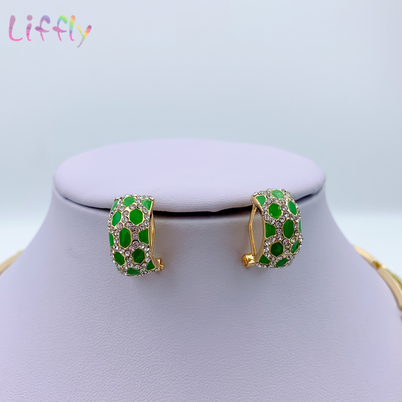 Dubai Womens Jewelry Fashion Green Necklace Bracelet Banquet Elegant women Earrings Ring Crystal Sets 220812