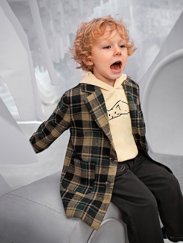 Toddler Boys Lapel Neck Plaid Overcoat SHE, Multicolor