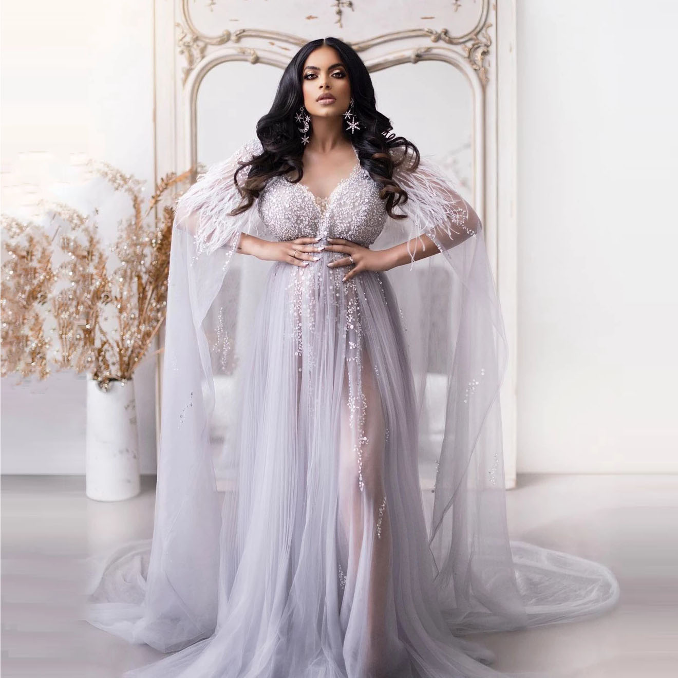 Maternity Exquisite Photoshoot Prom Dresses for Women Bridal Wrap Two Pieces Sequin Feathers Photo Photography Robes or Length graphy