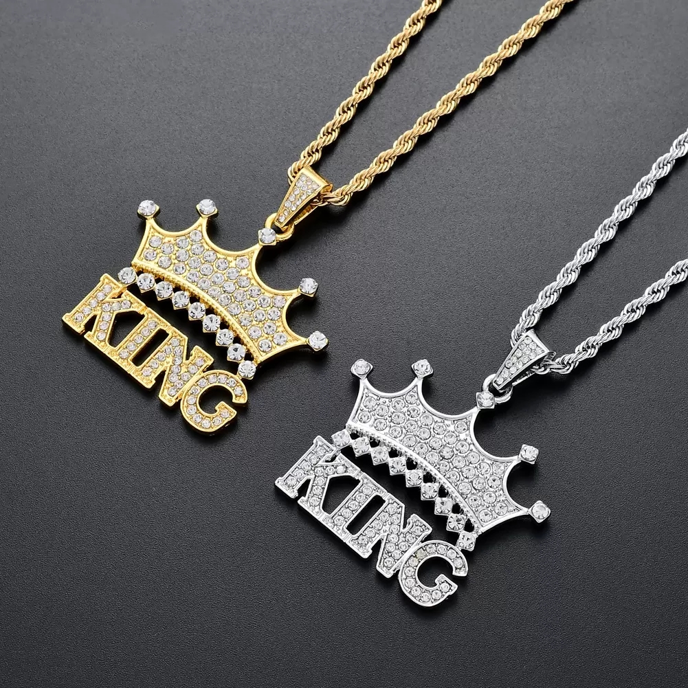 Designer 18K Gold Silver Stainless Steel King Crown Letter Pendent Necklace for Men Cubic Zircon Simulated Diamond Necklace Cool Jewelry Gift