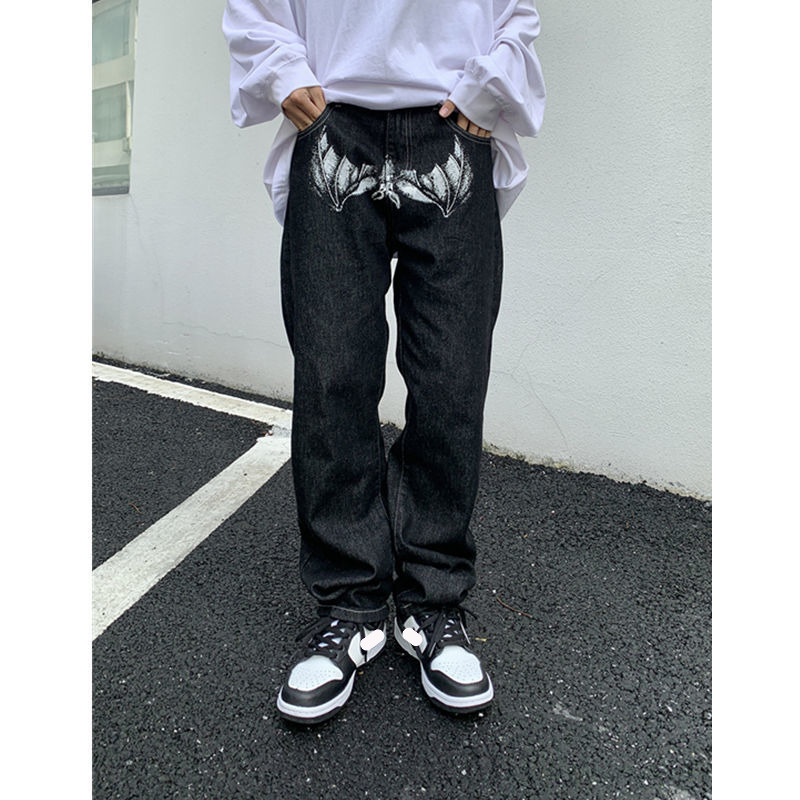Emo Men Black Streetwear Hip Hop Skull Gothic Straight Wide Leg Cargo Pants Y2K Alt Harajuku Baggy Low Rise Jeans Clothes 220701