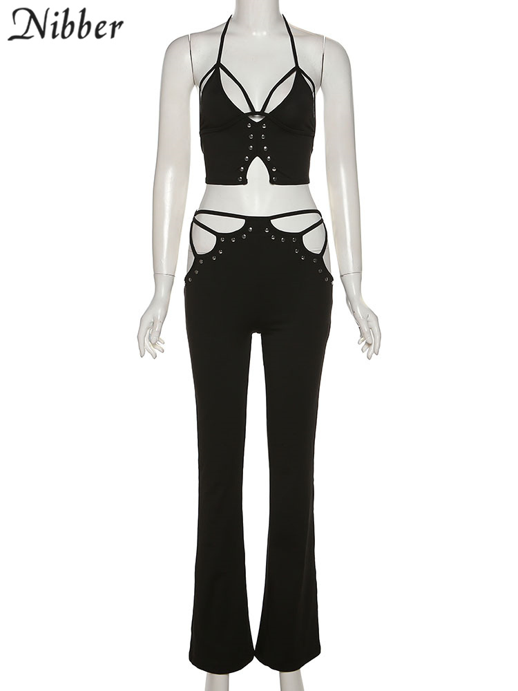 Nibber Fashion Solid Color Sexy TwoPiece VNeck Sleeveless Suspenders Hollow StraightLeg Pants For Women Go Out Street Wear 220602