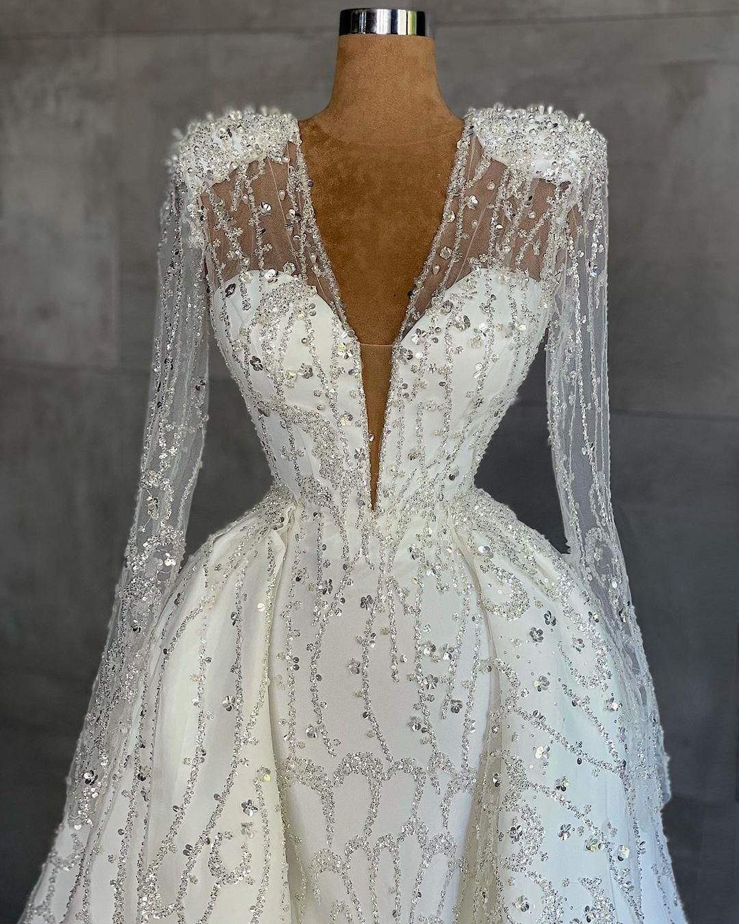 Vintage White Sequined Vestidos De Novia Mermaid Dress V Neck Lace Overskirt Train Illusion Mariee Marriage Wedding Gown 0219