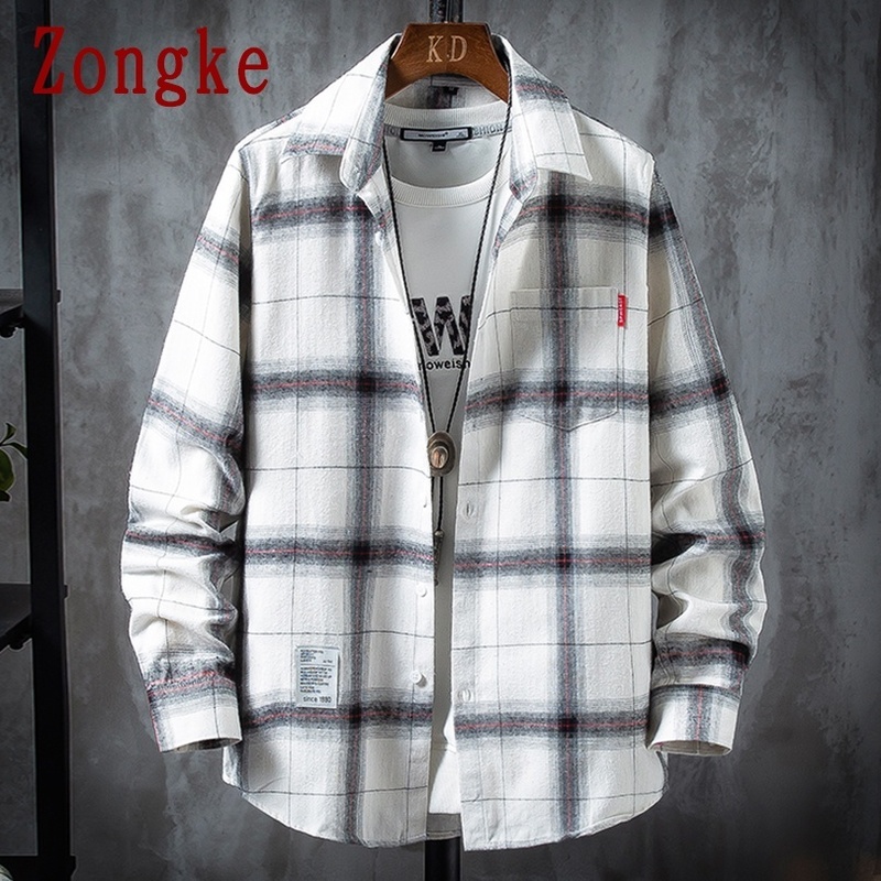 Zongke Casual Shirts For Men Clothing Fashion Long Sleeve Plaid Shirt Men Harajuku Checkered Men Shirt Long Sleeve M-3XL 220401