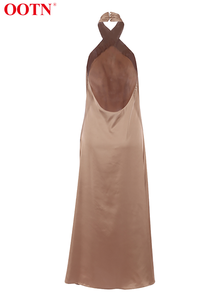 OOTN Sexy Cross Backless Halter Dress Evening Elegant Satin Classic Dress Fashion A-Line Brown Robes Femme Silky Summer 220511