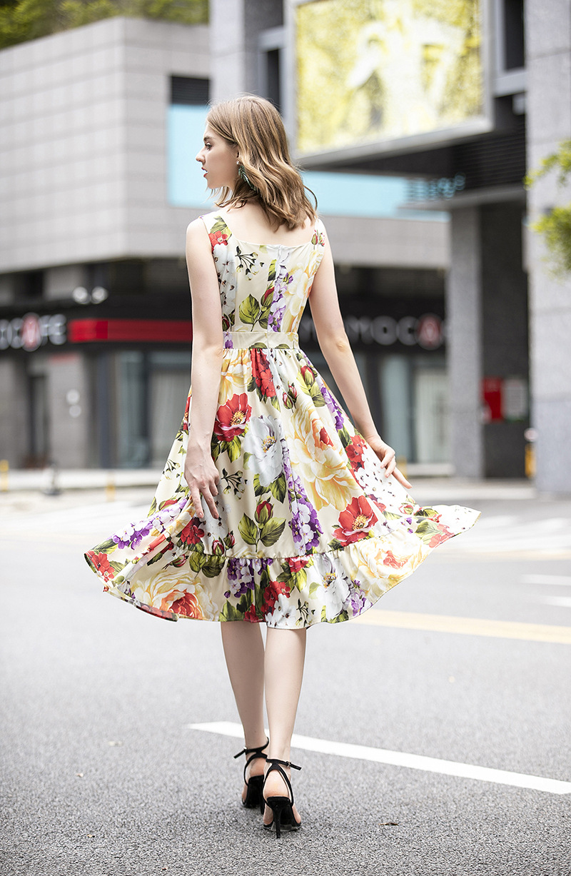 Women's Runway Dresses Spaghetti Straps Floral Printed Ruffles Fashion Summer Holiday Dress Vestidos