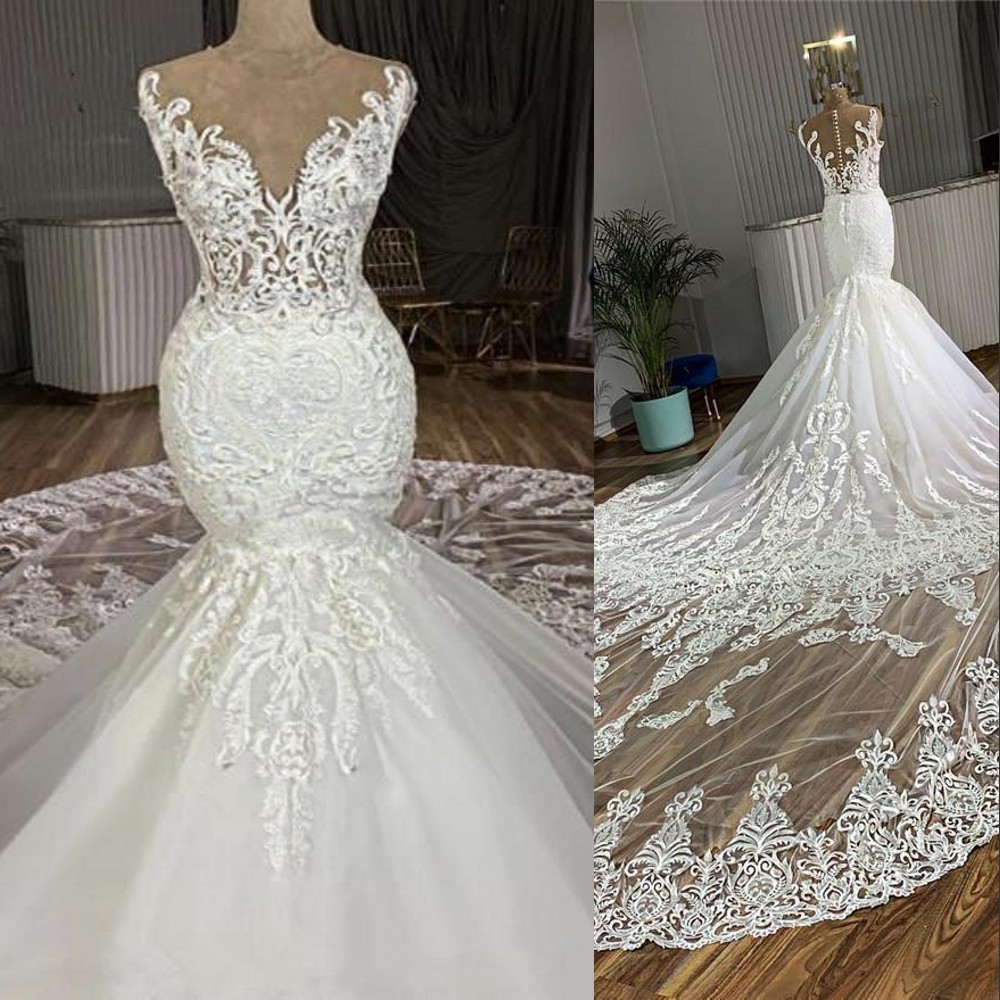 2022 Luxury African Mermaid Wedding Dress chapel Train 3D Appliques Lace Jewel Neck Illusion Bridal Gowns Customized vestidos de novia Sleeveless, Ivory 
2022 Luxury African Mermaid Wedding Dress chapel Train 3D Appliques Lace Jewel Neck Illusion Bridal Gowns Customized vestidos de novia Sleeveless, Ivory
