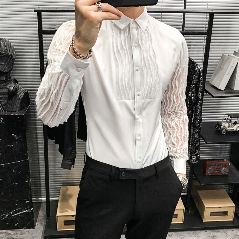 Lace Hollow Shirts for Men Long Sleeve Slim Fit Streetwear Social Party Blouse Nightclub Singer Dj Clothing Camisas Para Hombre 220322