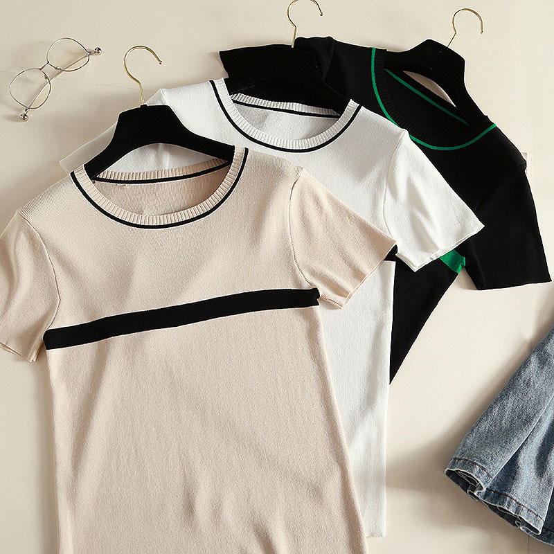 shintimes Thin Knitted T Shirt Women Clothes Summer Woman Short Sleeve Tees Tops Striped Casual T-Shirt Female Tshirt Femme 220321