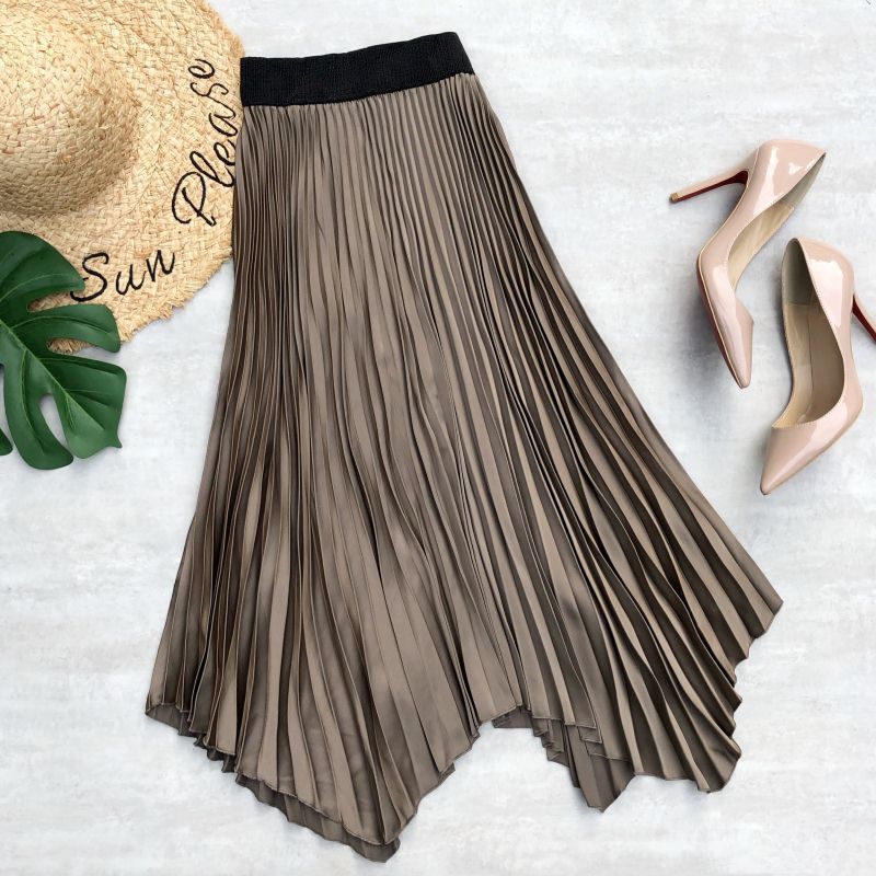 SURMIITRO Spring Summer Satin Midi Long Pleated Skirt Women Korean Style Blue High Waist Mid-Length A Line Female 220317