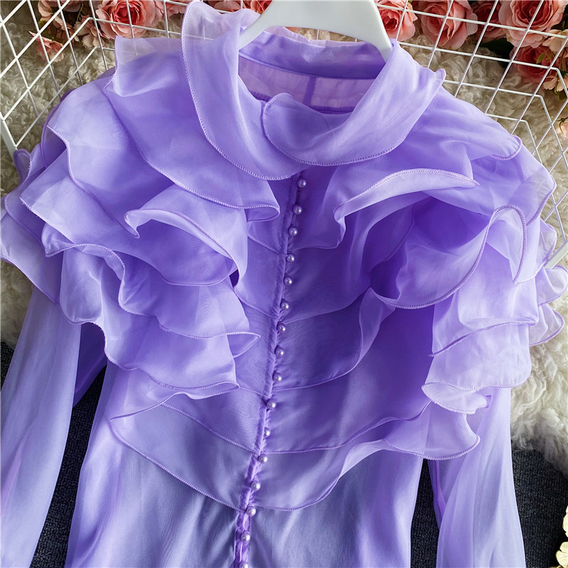 Women Shirt 2024 Spring Autumn French Palace Style Ladies Super Fairy Layered Ruffled Organza Flared Sleeve Blouses