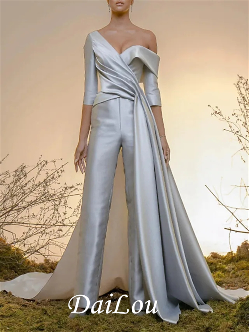 Jumpsuits Minimalist Elegant Prom Dresses Engagement Evening Dress Off Shoulder Half Sleeve Court Train Satin with Pleats Overskirt 2022