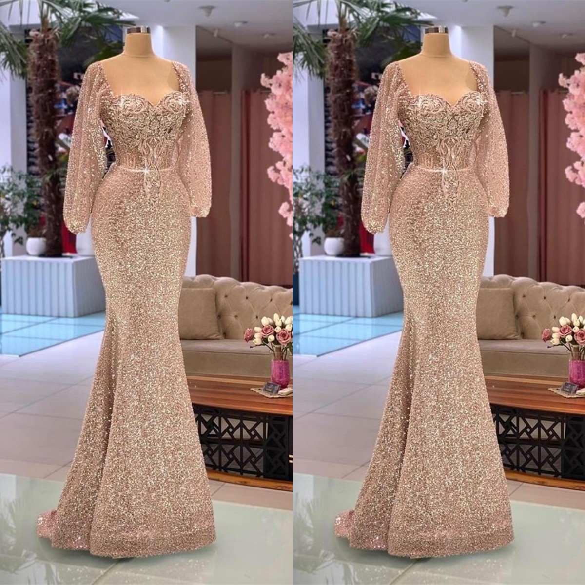 Sparkly Pink Beaded Mermaid Prom Dresses Sequined Long Sleeve Appliqued African Sweep Train Women Formal Evening Gowns
