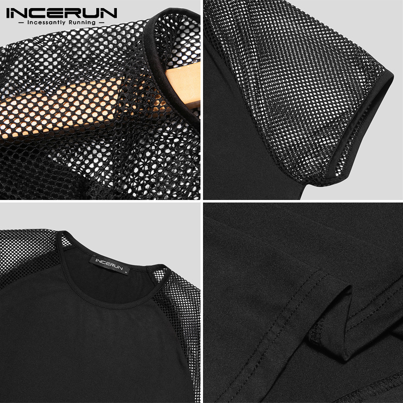 Fashion Men T Shirt Mesh Patchwork Streetwear Crew Neck Short Sleeve Casual Tee Tops Sexy Breathable Camisetas 5XL INCERUN D220611