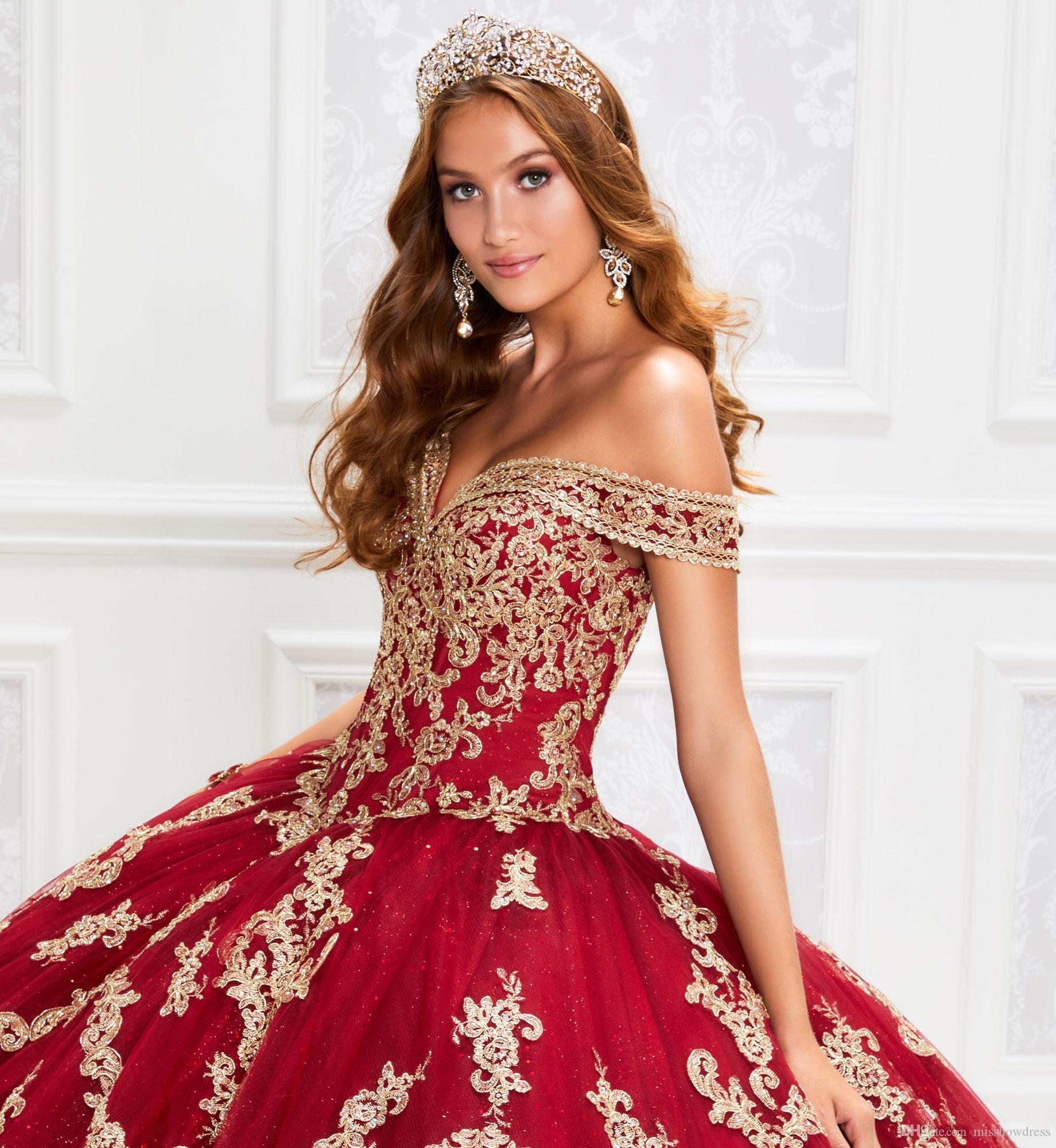 2022 Sparking Red Lace Quinceanera Dresses Off The Shoulder Gold Applique Ball Gown Floor Length Prom Dress Vestido De Festa Sweet 16 Dress BC9979