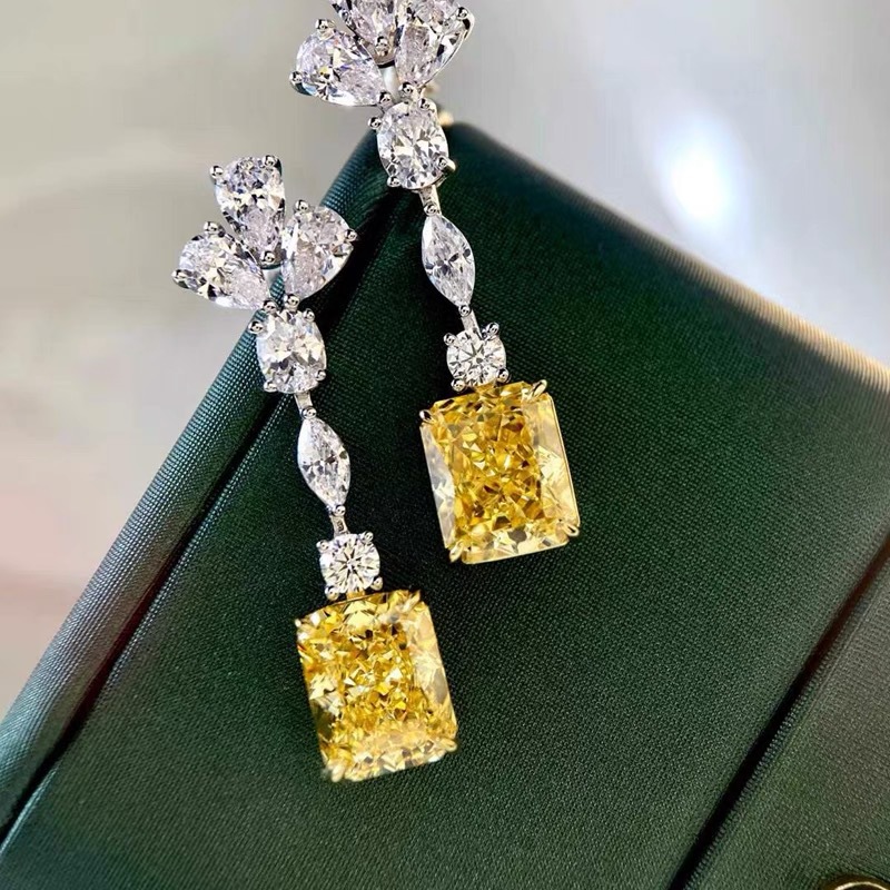 Sterg Sier Yellow Topaz CZ Dangle Earrings for Women, Long Chandelier Animal Pattern Earrings, Radiant Cut Gemstones 4 ,